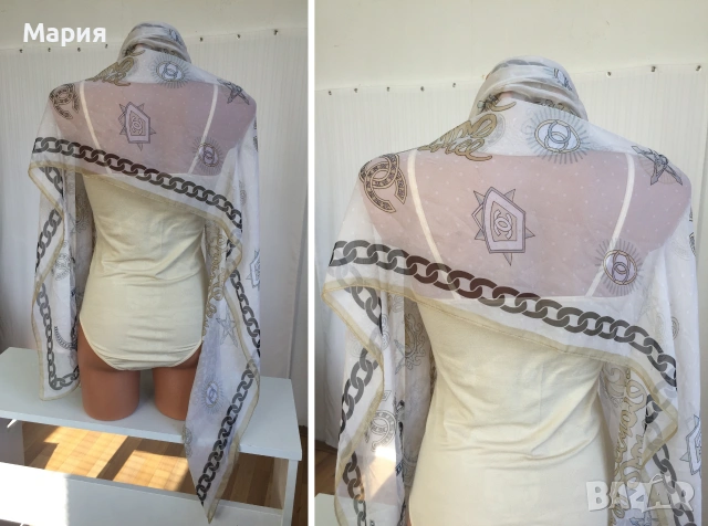Chanel Дамски Шал Шанел Прозрачен Лого Символи Бял Бежов Черен , снимка 13 - Шалове - 54973417