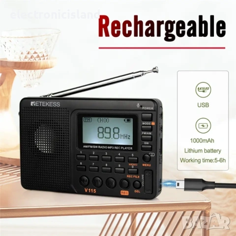Портативно радио Retekess V115 AM/FM транзистор, MP3 и TF карта, снимка 14 - Радиокасетофони, транзистори - 54555548