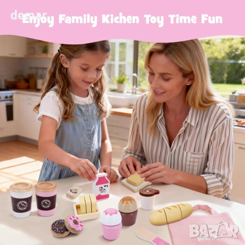 Дървен комплект играчки с храна за пекарна, 23 части, аксесоари за игра в кухнята, снимка 5 - Образователни игри - 54028771