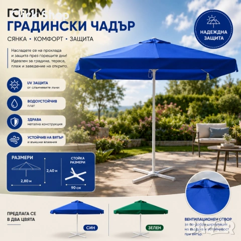 Голям градински чадър 2,40 x 2,40 м – Син и Зелен | UV защита и здрава конструкция, снимка 2 - Градински мебели, декорация  - 54768455