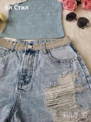 ⚜️Дамски къси дънки с камъчета , снимка 4 - Дънки - 53979265