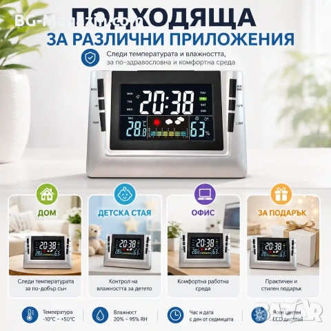 Електронна метеорологична станция с часовник термометър влагомер за дома офиса спалня температура, снимка 5 - Други - 53109070
