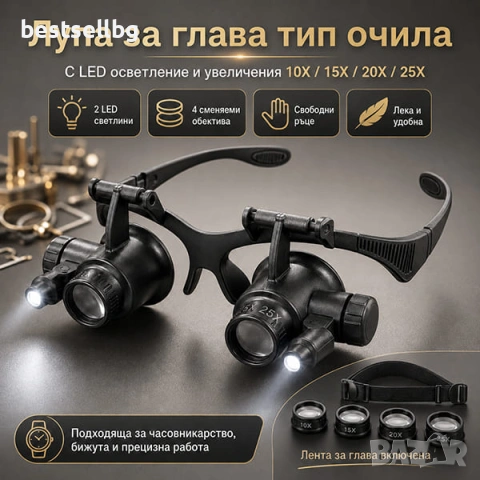 Часовникарска лупа за глава тип очила с LED осветление лампа голямо увеличение сменяеми лещи часовни