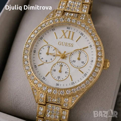 🤍 Дамски часовник Guess стил с бял циферблат и кристали