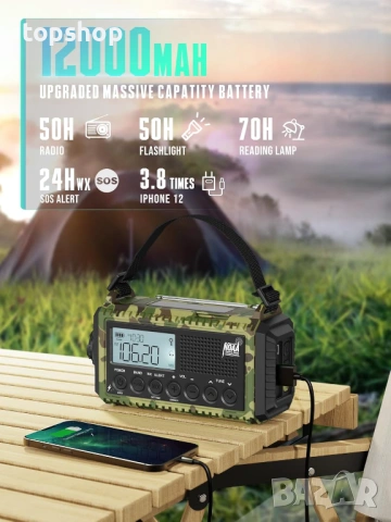 Аварийно соларно радио с манивела ROCAM 12000mAh – Динамо, Фенер, Power Bank, LCD дисплей  , снимка 3 - Други - 54696241