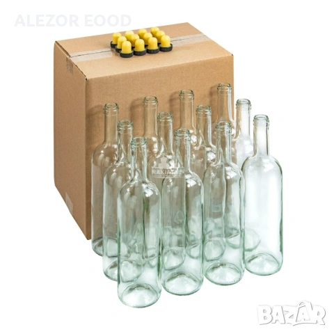 Стъклени бутилки 750 мл. за вино и ракия., 12 броя + кашон + тапи