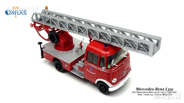 Mercedes-Benz L319 Пожарна стълба 1961 - мащаб 1:43 на Atlas моделът е нов в блистер, снимка 6 - Колекции - 54441009
