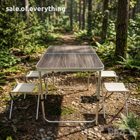 Комплект сгъваема къмпинг маса с 4 стола, регулируема височина, дизайн "куфар" в сив цвят