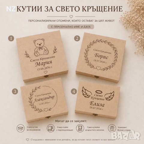Персонализиран комплект за кръщене – кутия за съхранение, кърпи и кутийки за кръстче и косичка