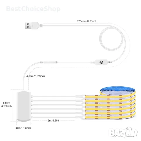 6 броя х 1метър COB LED ленти USB димируема с докосване – топло бяло , снимка 7 - Лед осветление - 55354405