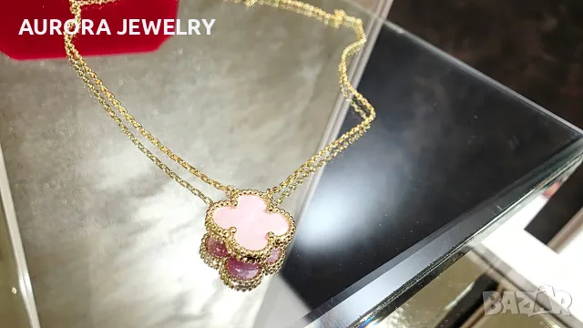 Van Cleef & Arpels VCA Gold Pink Opal Vintage Alhambra Clover Дамско Колие, снимка 4 - Колиета, медальони, синджири - 55679326