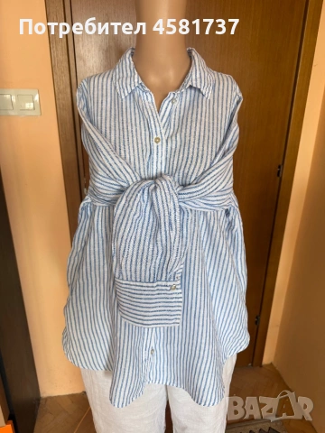 Летен сет- ленена риза райе синьо и бяло и бял летен панталон, снимка 3 - Ризи - 54173821