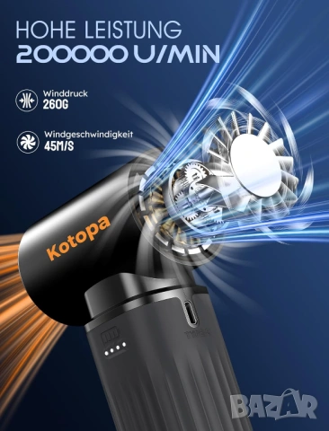 Електрическа въздушна духалка Kotopa МОЩЕН БЕЗЧЕТКОВ МОТОР 200000 RPM 8000mAh черна - НОВА -, снимка 4 - Прахосмукачки - 54705236