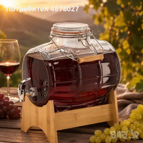 Стъклен диспенсър за напитки 8L, с кран и бамбукова поставка, снимка 2 - Аксесоари за кухня - 55432518