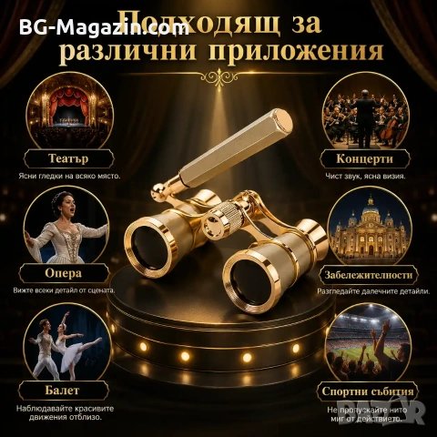 Златист театрален бинокъл с дръжка 3×25 за театър опера концерти подарък мощен 3X увеличение, снимка 6 - Други ценни предмети - 50931365