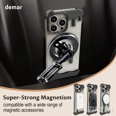 Алуминиев безрамков кейс за iPhone 16 Pro Max с 360° magsafe (360°) и поставка, снимка 7 - Калъфи, кейсове - 55662950