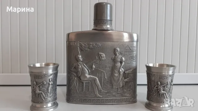 Джобна манерка и чаши за ракия от калай  Antik*Vintage #51