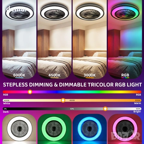 Смарт таванен вентилатор с LED RGB осветление 50 см, WiFi, Alexa, дистанционно, снимка 6 - Вентилатори - 55278527