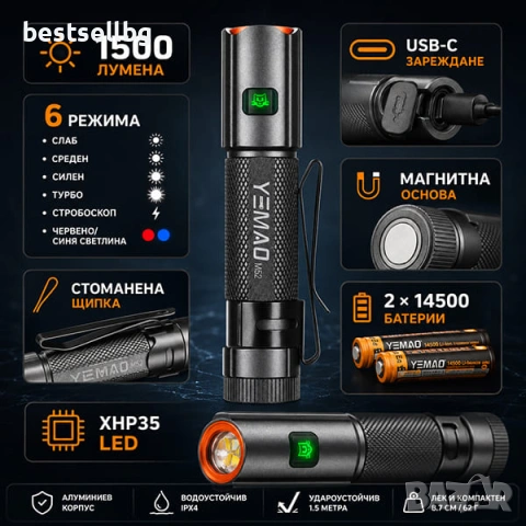 Мощен ръчен фенер 1500 лумена за къмпинг лов риболов туризъм палатка USB-C магнит YEMAO M52, снимка 3 - Къмпинг осветление - 54109837