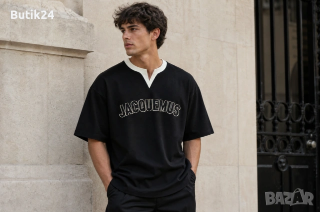 Jacquemus мъжка тениска — черна с кремава якичка, бродирано лого, овърсайз