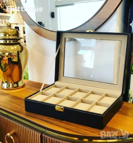 Луксозна кутия органайзер за 10 часовника и бижута – стъклен капак, екокожа и заключване