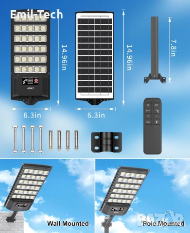 Нова Соларна LED лампа JAYNLT 180 LED IP66 със сензор и дистанционно, снимка 2 - Външни лампи - 54680787