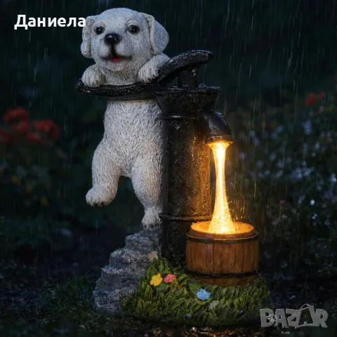 Соларна градинска LED лампа кученце с декоративен фонтан – IP44, автоматично осветяване, снимка 5 - Лед осветление - 55482828