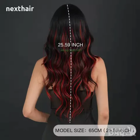 Ефектна черна перука с червени кичури с дълъг бретон, снимка 4 - Аксесоари за коса - 55348880