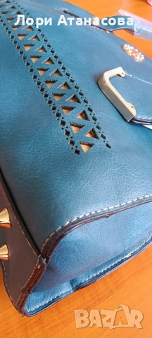 Тъмно синя дамска чанта кожа с две основни дръжки, снимка 7 - Чанти - 54017449