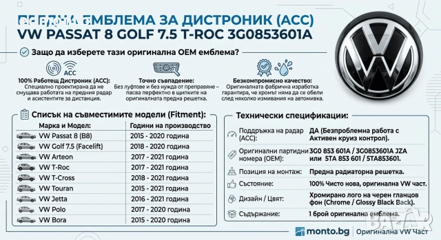 Оригинална Предна Емблема (за Дистроник / ACC) за VW Passat 8, Golf 7.5, T-Roc, Arteon, снимка 5 - Части - 55236111