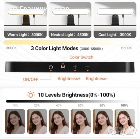 Нова видео Настолна LED селфи лампа за лаптоп телефон и стрийминг 3 режима 10 яркости, снимка 2 - Друга електроника - 54233820