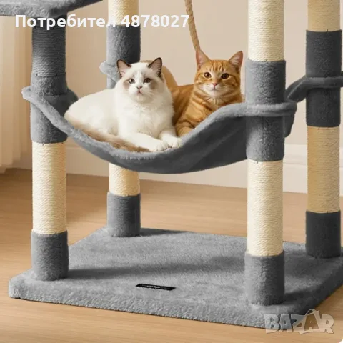 Многоетажна драскалка за котки с хамак и къщичка – 143 см, Светлосива, снимка 7 - За котки - 55555240