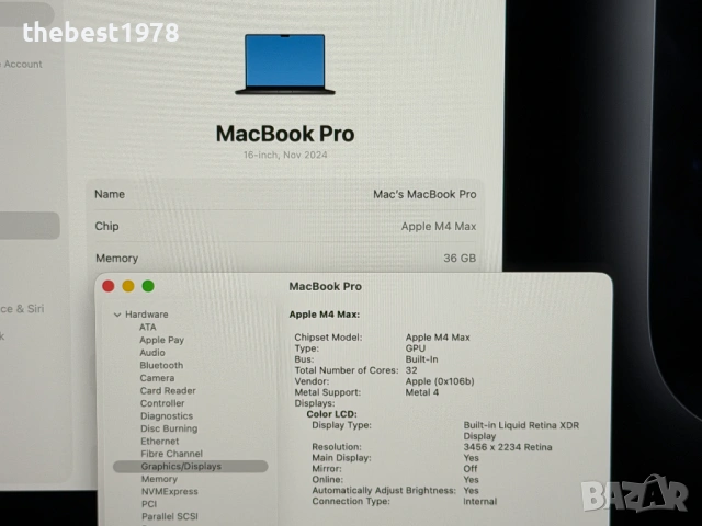 MacBook Pro 16`M4 MAX/14 CPU/32 GPU/36GB RAM/1TB SSD/27 Месеца Гаранция/Батерия 100%-40 Цикъла/Space, снимка 5 - Лаптопи за работа - 54786232