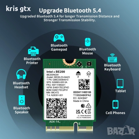WiFi 7 Wireless Card Intel BE200 NGW Bluetooth 5.4 5800Mbps M.2/NGFF, снимка 5 - Кабели и адаптери - 54894164