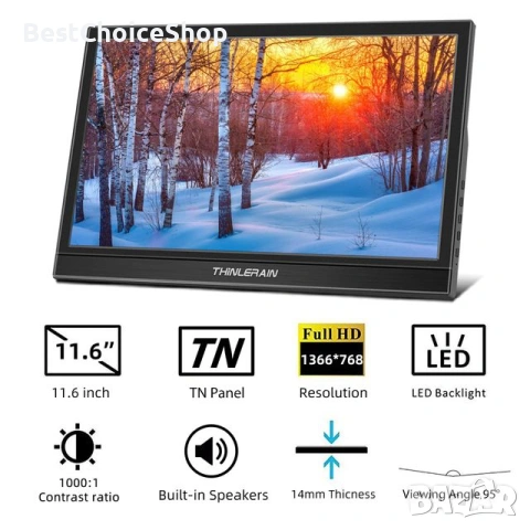 Thinlerain 11.6 инчов преносим портативен HDMI монитор 1366 x 768 LED, снимка 11 - Монитори - 54214506