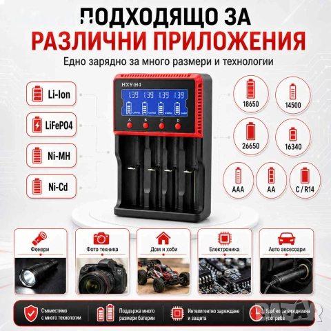 Универсално зарядно устройство за 4 бр акумулаторни батерии  18650 14500 26650 16340 ААА АА Li-Ion, снимка 6 - Други инструменти - 29155071
