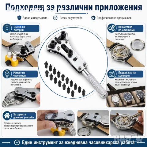 Професионална отварачка за часовници часовникарски инструмент за отваряне за смяна на батерия ремонт, снимка 8 - Други инструменти - 50976293