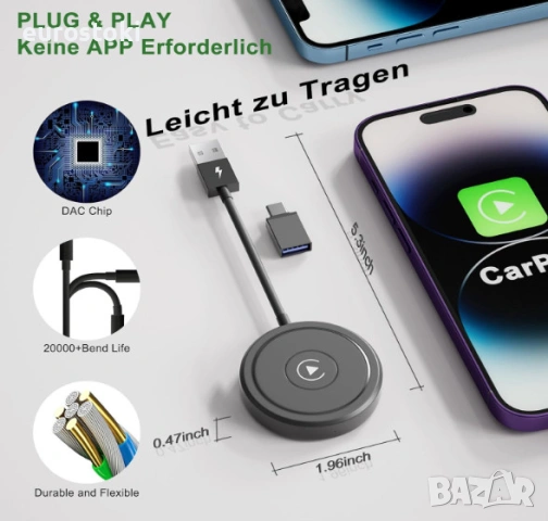 Безжичен CarPlay адаптер за iPhone, безжичен Apple Carplay, снимка 4 - Аксесоари и консумативи - 54495084
