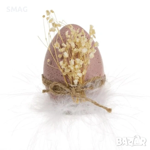Великденско декоративно яйце, розово с точици, с дървена стойка и пера – Ø 6×8см_1233661