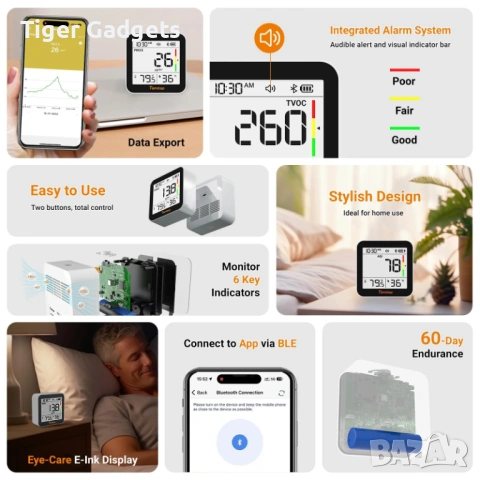 Temtop M10+ Smart монитор за качество на въздуха – CO2, AQI, PM2.5, VOC, температура и влажност с Ap, снимка 2 - Друга електроника - 54450631