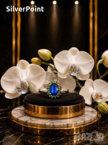 Сребърен пръстен със Сапфир Royal Blue и Цаворити със сертификат 