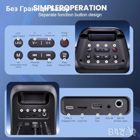 Нова Портативна караоке машина с 2 безжични микрофона Bluetooth USB AUX TF LED, снимка 7 - Други - 54312080