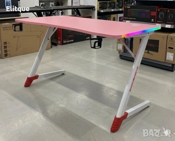 Розово геймърско бюро 120см с RGB LED осветление, Карбонов плот и Стоманена конструкция