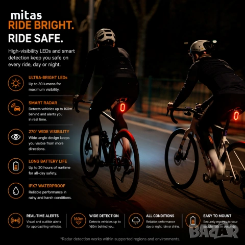 Задна SMART LED стоп светлина с радар IGPSPORT SR Mini, Bluetooth/ANT+, IPX7, снимка 6 - Аксесоари за велосипеди - 54167593