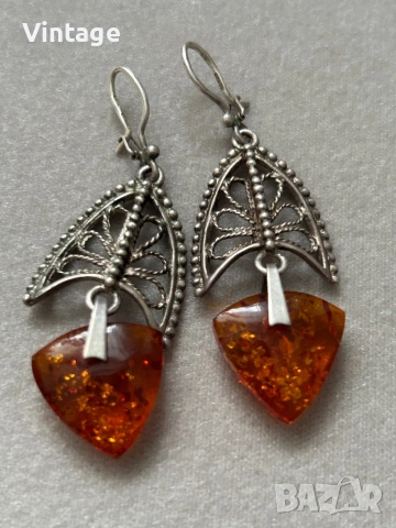 Антикварни сребърни съветски обеци с кехлибар  , снимка 2 - Обеци - 54052645