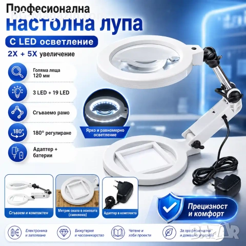 Професионална голяма увеличителна настолна лупа с LED осветление за четене гоблени бродиране шиене, снимка 8 - Други инструменти - 50921104