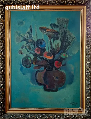 Картина "Цветя на зелен фон", худ. Никифор Цонев (1928-2003)