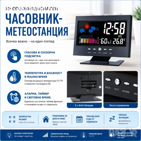 Електронна метеостанция с LED часовник дигитален термометър влагомер гласов контрол на батерии, снимка 8 - Други - 53109055