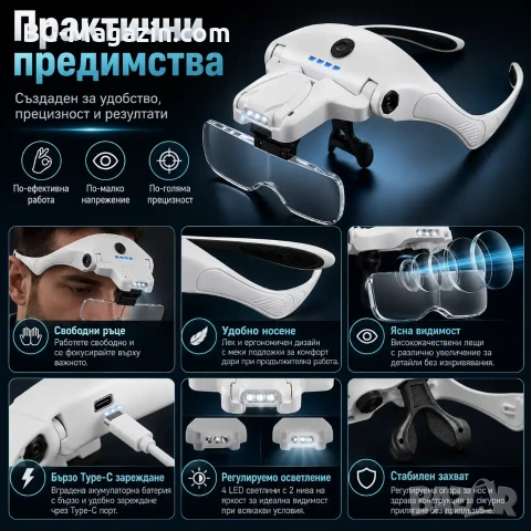 Акумулаторна лупа за глава с различни увеличения и LED осветление за четене шиене бродиране гоблени, снимка 7 - Други инструменти - 54027220