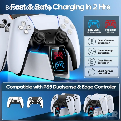 Зарядна станция за PS5 контролер - Съвместима с Playstation 5 Edge и Dual Controller Gaming, снимка 9 - Аксесоари - 54957899